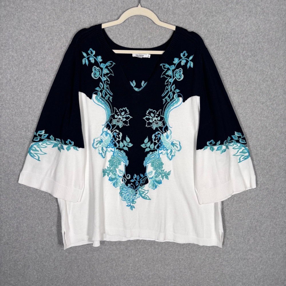 Chicos Floral Embroidered Sweater XXL White Navy Turquoise Cotton Boho Cottage